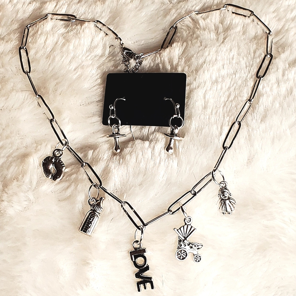 New Mom Charm Necklace & Earrings